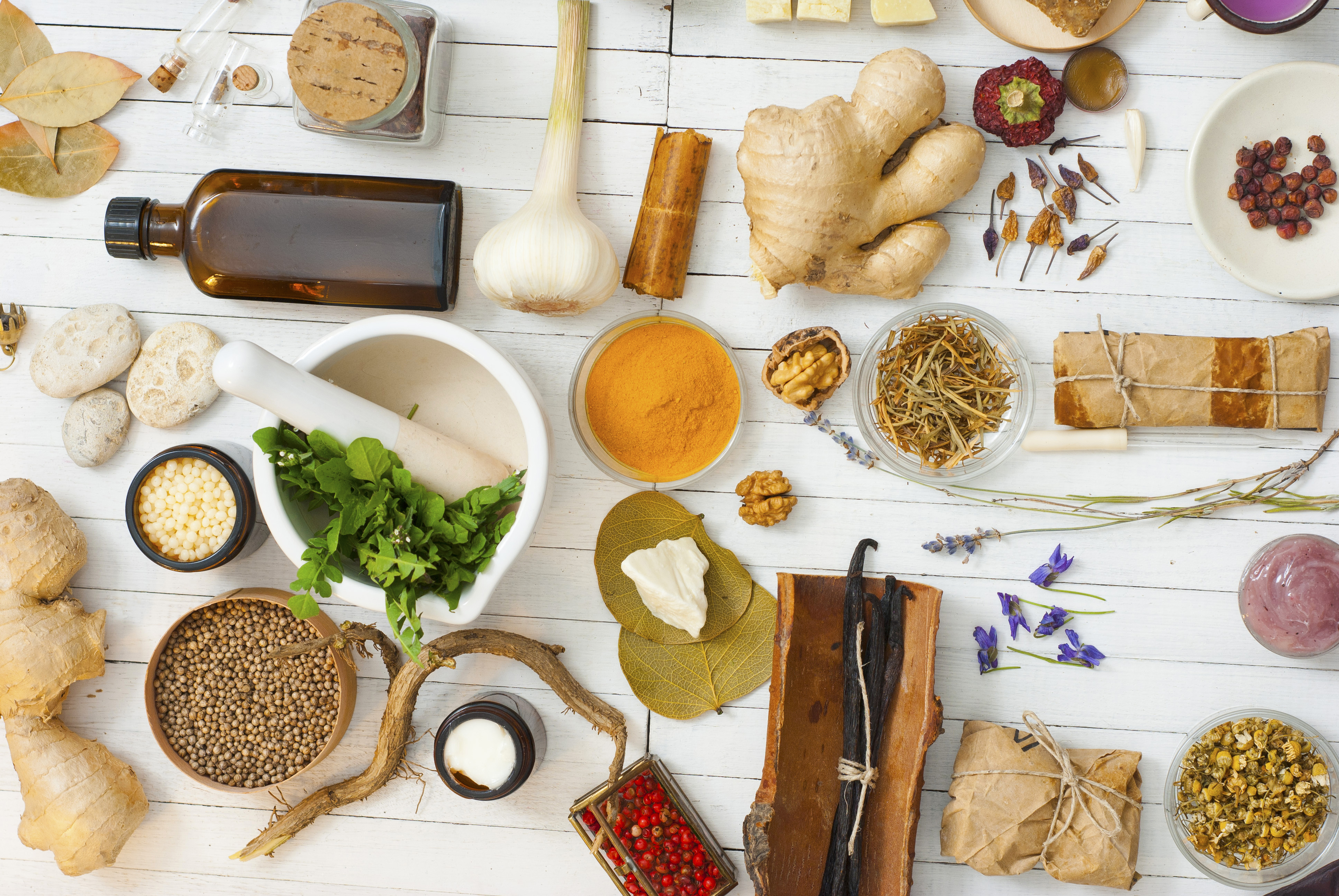Natural medicine ingredients: herbs, roots, ginger, turmeric, and homeopathic remedies